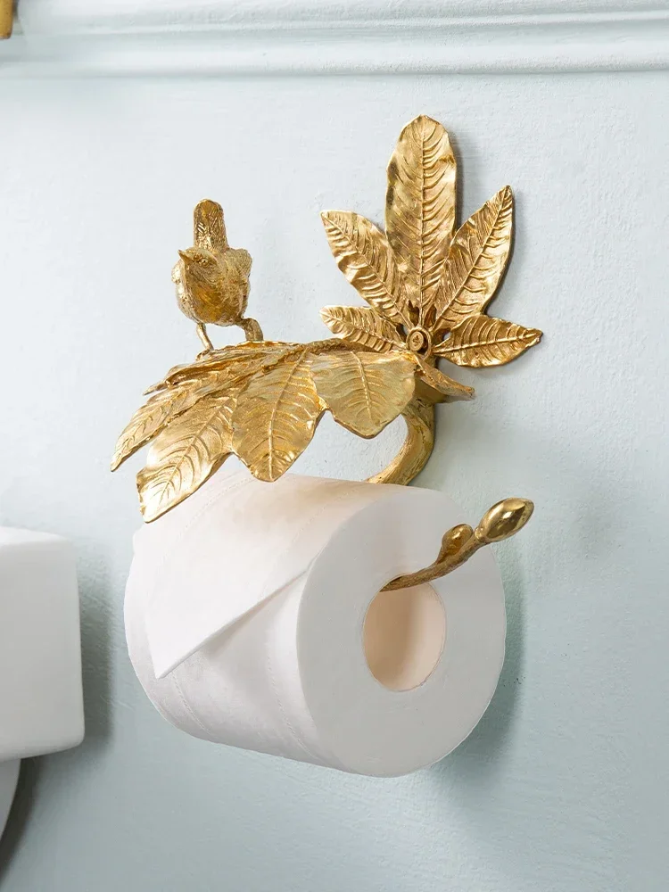 A  Solid Brass Light Luxury Elegant Brass Bird Roll Paper Holder Vintage Bathroom Tree Trunk Wall Hanging Toilet Paper Holder