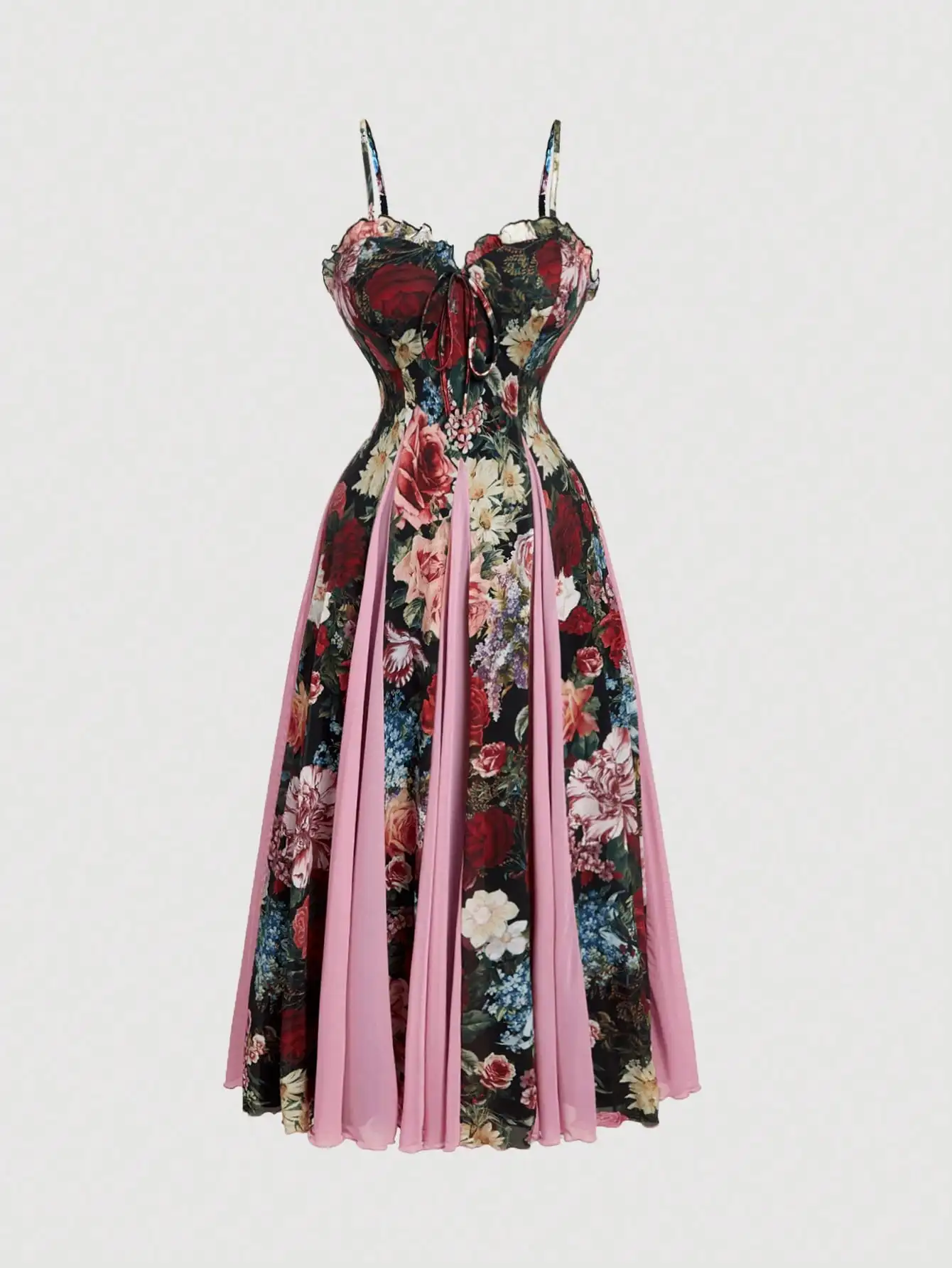 

Elegant Floral Print Corset-Style Cami Dress with Asymmetrical Pink Overlay