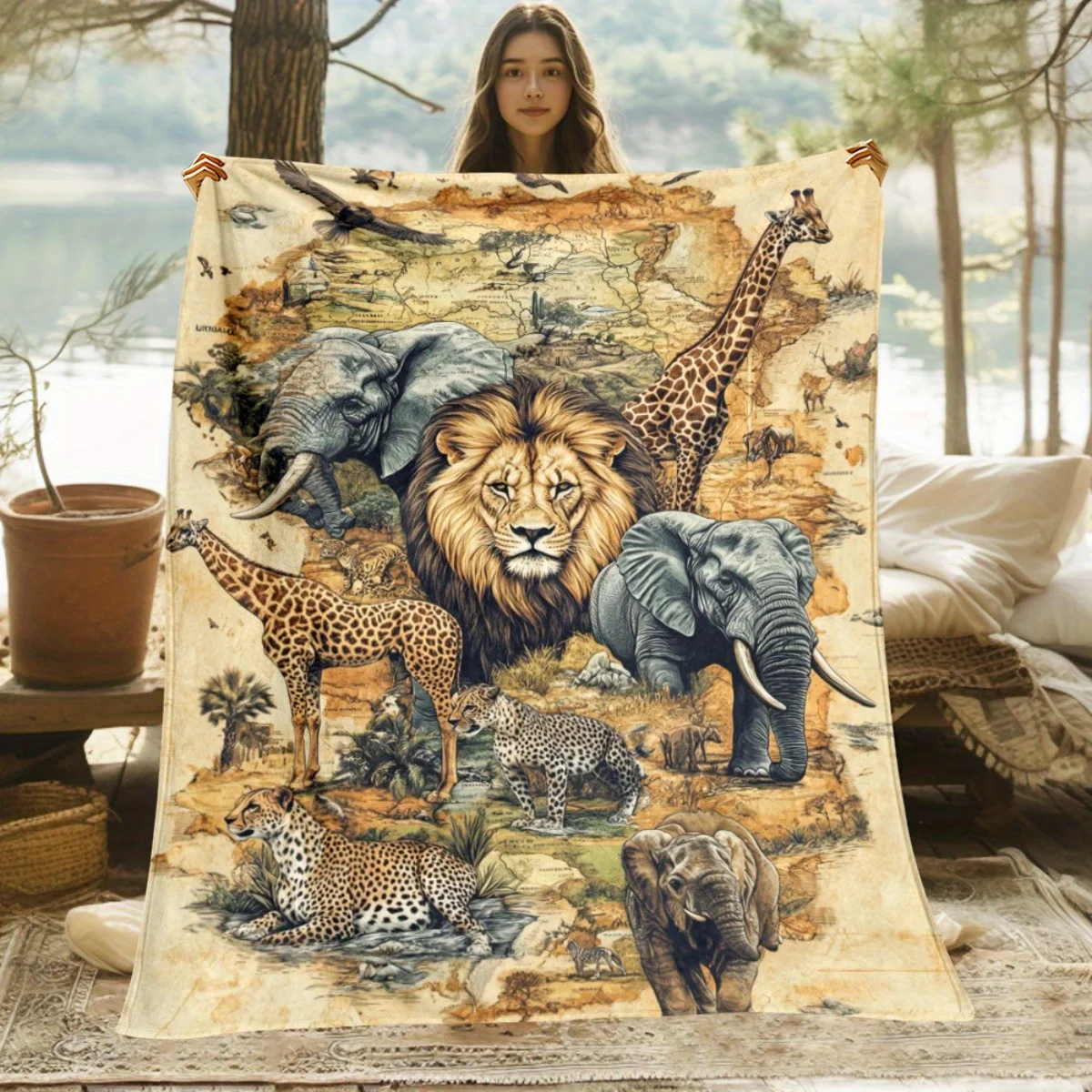 Safari Animal Print Throw Blanket Jungle Wildlife Lion Elephant Giraffe Roar Cozy Home Decor Gift