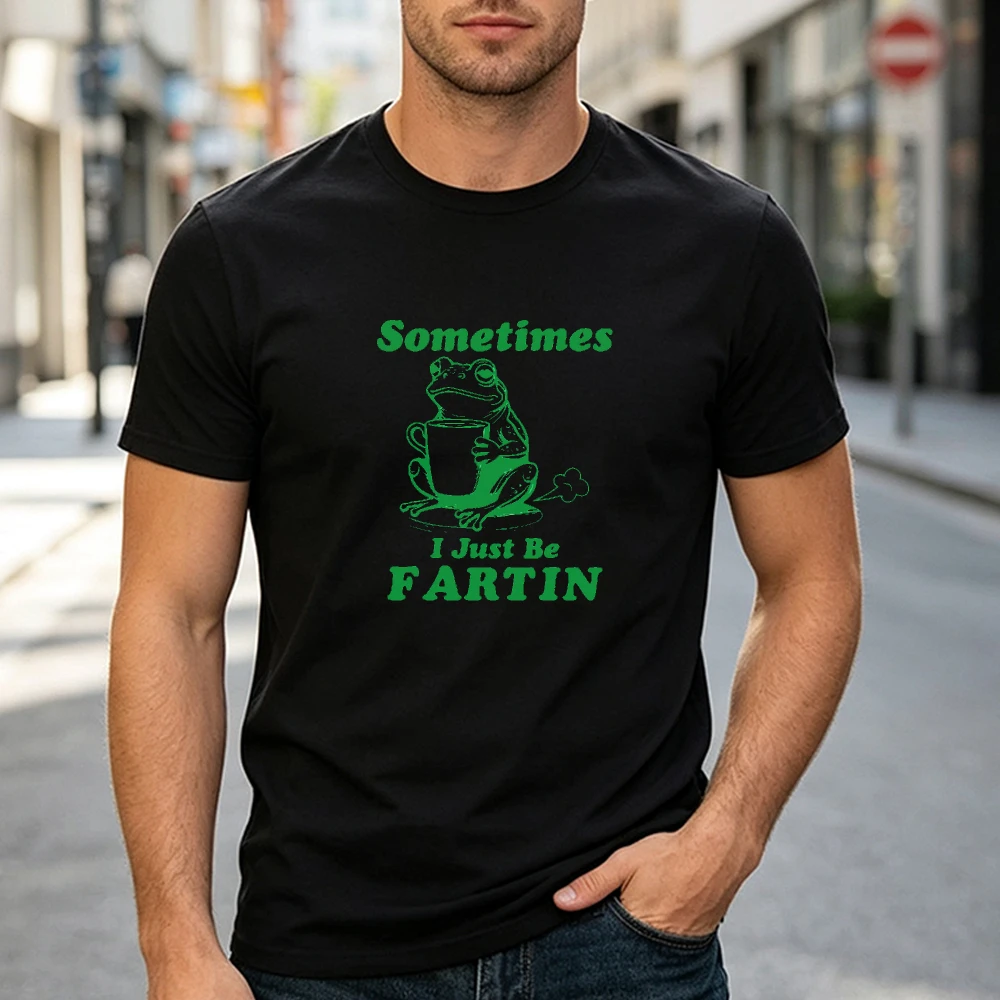 Green Frog Coffee Fart Meme T Shirt Men Crude Humor Cartoon Animal Print Tee Black Casual Summer Top Chill Lounge Outfit
