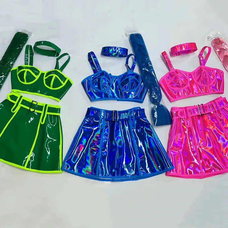 

Bar Nightclub Dance Team Festival Party Show Stage Performance Clothes Fluorescent Pink Laser Tops Skirt Braid Wig Dance Costume
