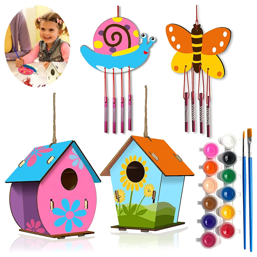 DIY Bird Houses Kits for Kids Crafts Wood for Class Parties and Art Strips Paintbrushes Stickers for Children to Build & Paint