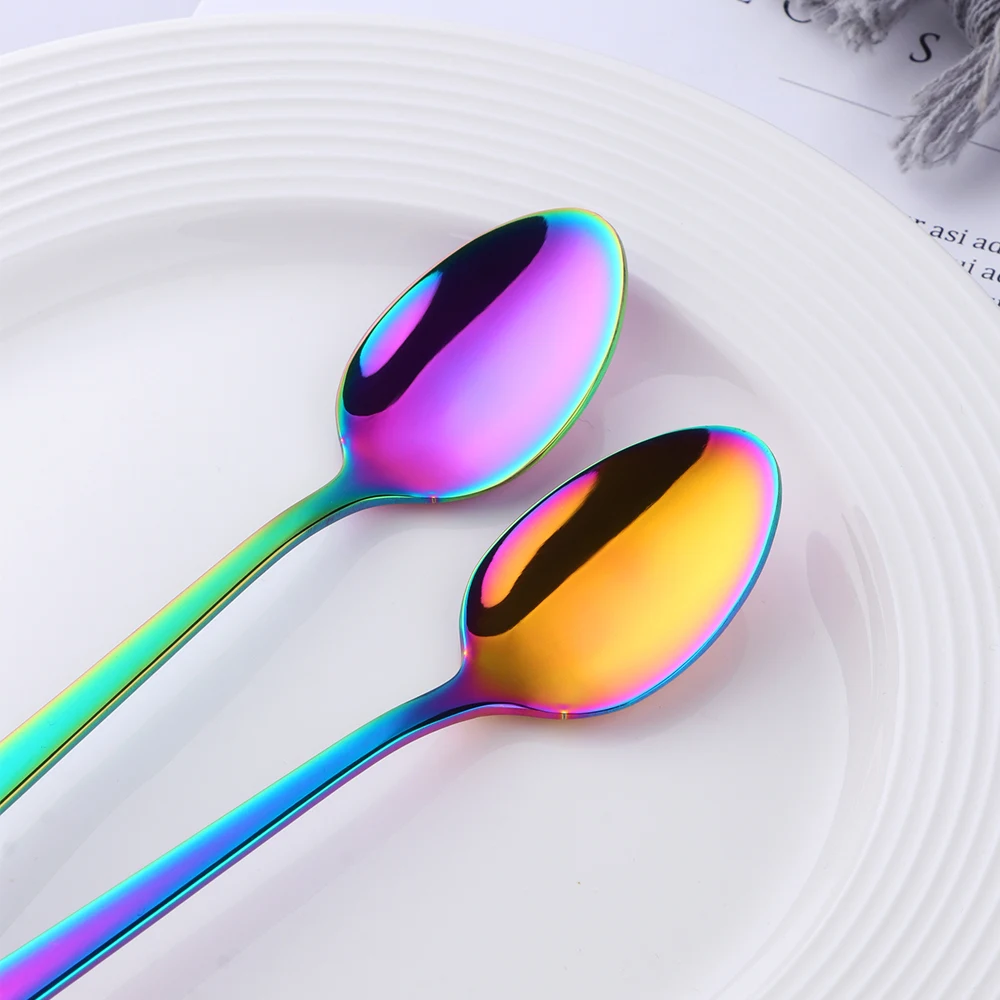 1PCS Stainless Steel Ice Cream Spoon Iridescent Rainbow Long Handle Dessert Tea Coffee Gold Silver Colorful Scoops Cutlery Sets