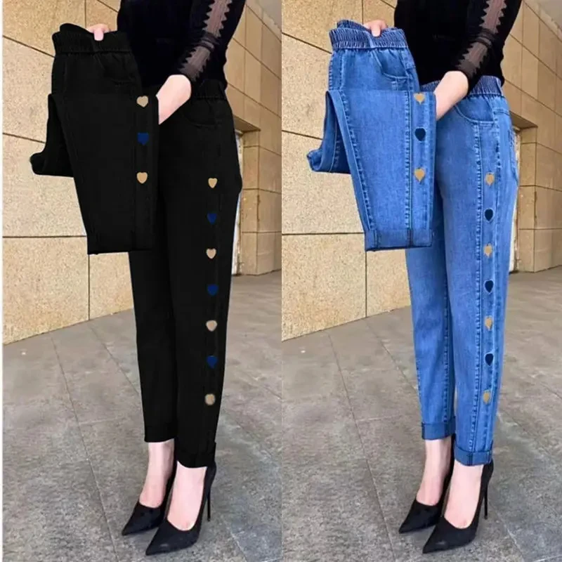 Fashion Casual Mom Jeans Summer Big Size Women Thin 40 Or 50 Years Old Heart Women High Waist Stretch 2024 Spring Autumn Slimmin