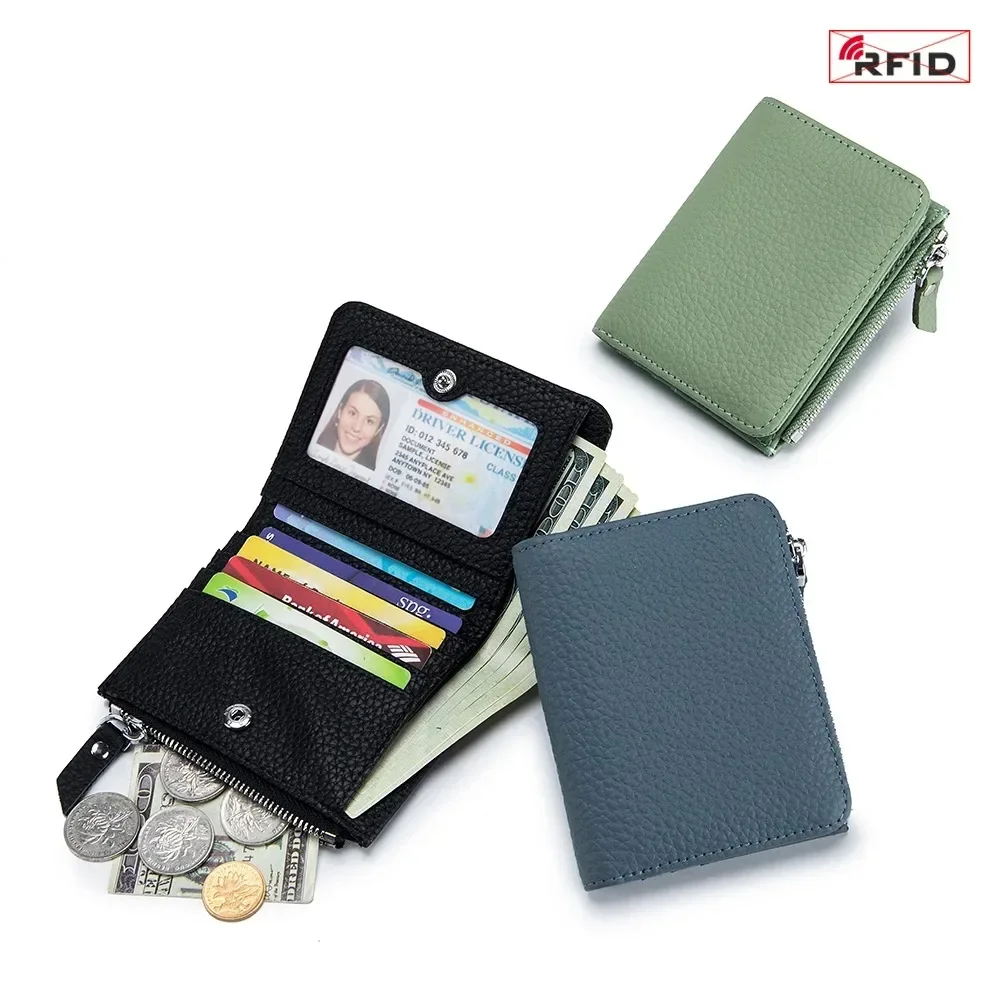 Genuine Leather RFID Short Wallets Card Holder Bag Portable Cowhide Small Zipper Money Coin Purse For Men Women Clutch Pouch