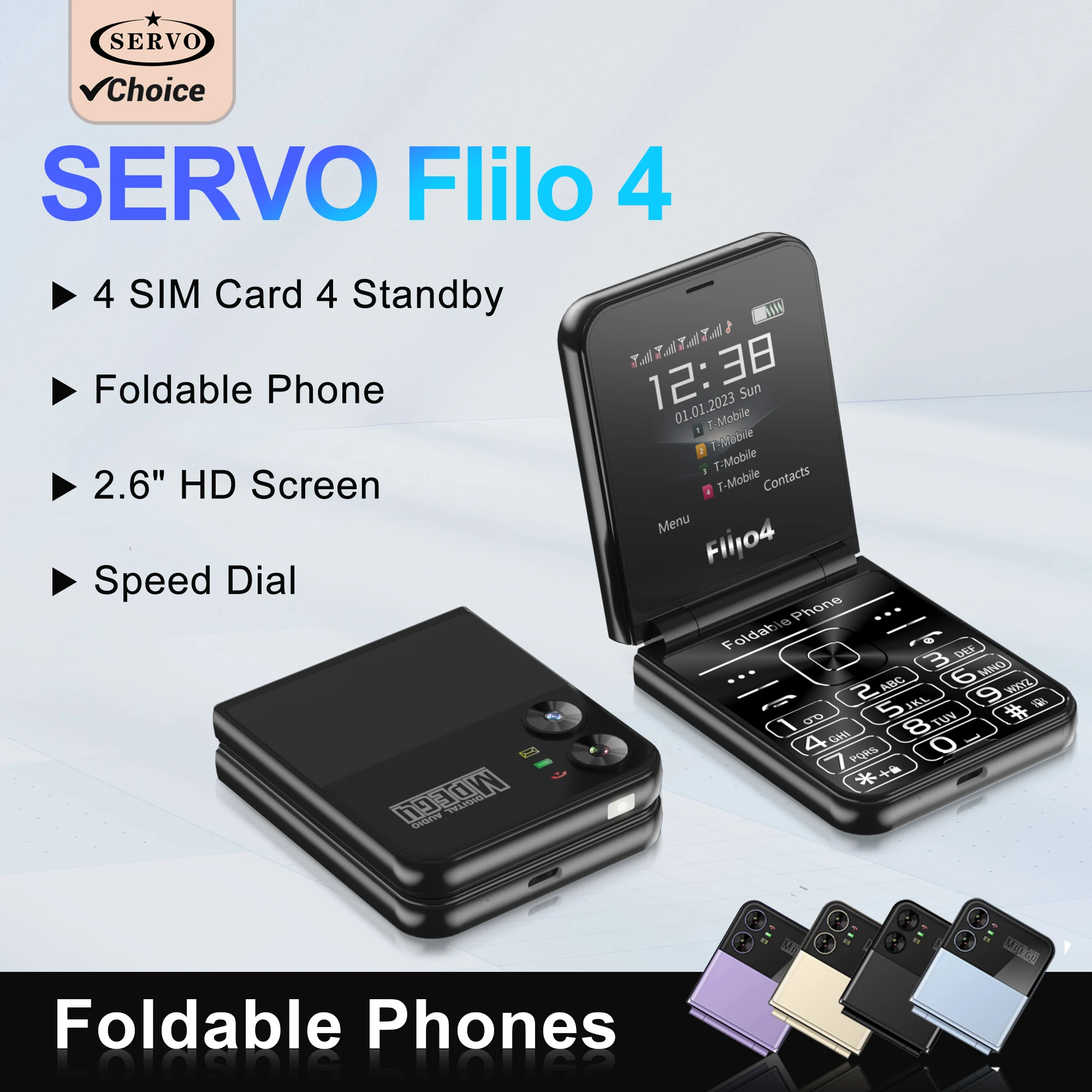 SERVO Flilo4 Flip Cellphone 2G GSM 4 SIM Card Flashlight Speed Dial Magic Voice Call Recording MP4 Foldable Mobile Phone Type-C