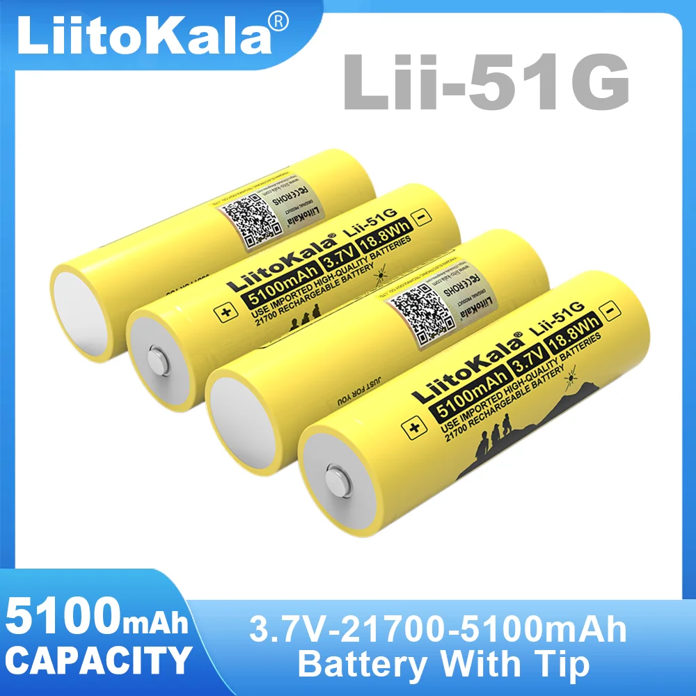 

2-6PCS LiitoKala Lii-51G 21700 Battery 3.7V 5100mAh High-capacity Lithium ion DIY 48v 60v Rechargeable batteries +Pointed tip