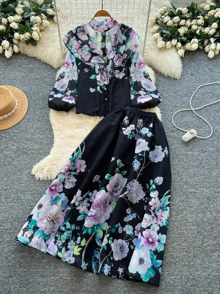 

Vintage floral print two-piece set women's spring stand up collar lantern long sleeved pleated shirt slimming big swing skirt