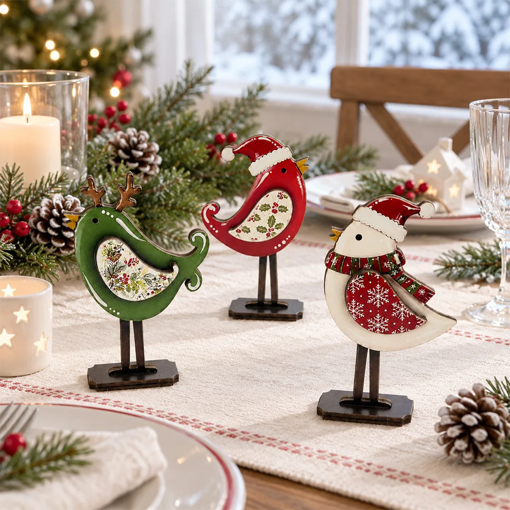 PICKNOW 1PC Christmas Wooden Bird Figurine Set, Xmas Santa Bird Tabletop Ornament, Holiday Desktop Home Decor