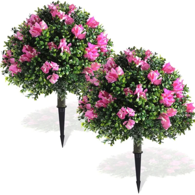 

Artificial Bougainvillea Flower Boxwood Topiary Ball Tree Bush Plant with Ground Spike Shrub for Garden Yard Porch Patio Decor