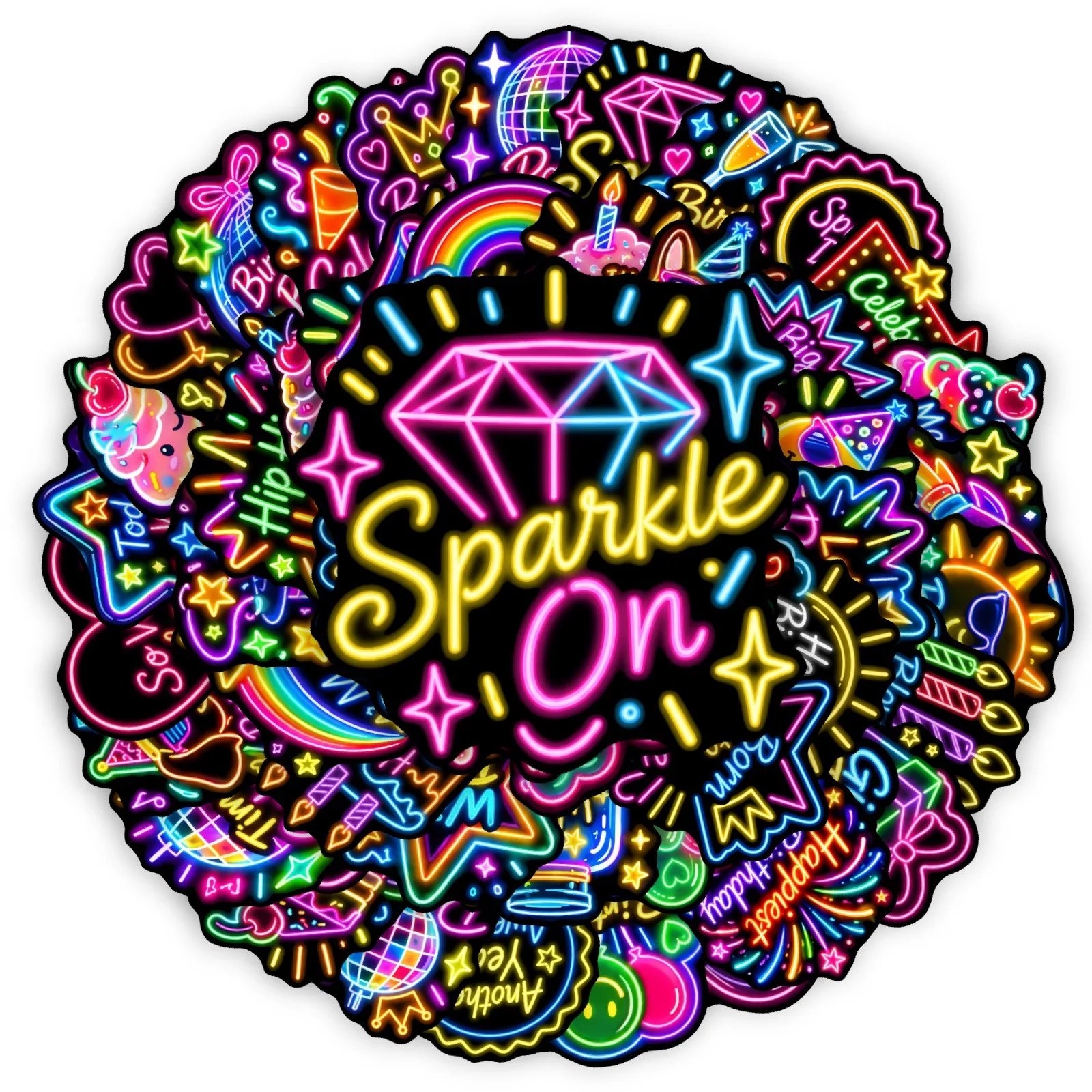 50 PCS Neon Disco Birthday Party Theme Stickers For Atmosphere Decoration DIY Window Gift Box Greeting Card Waterproof Decals