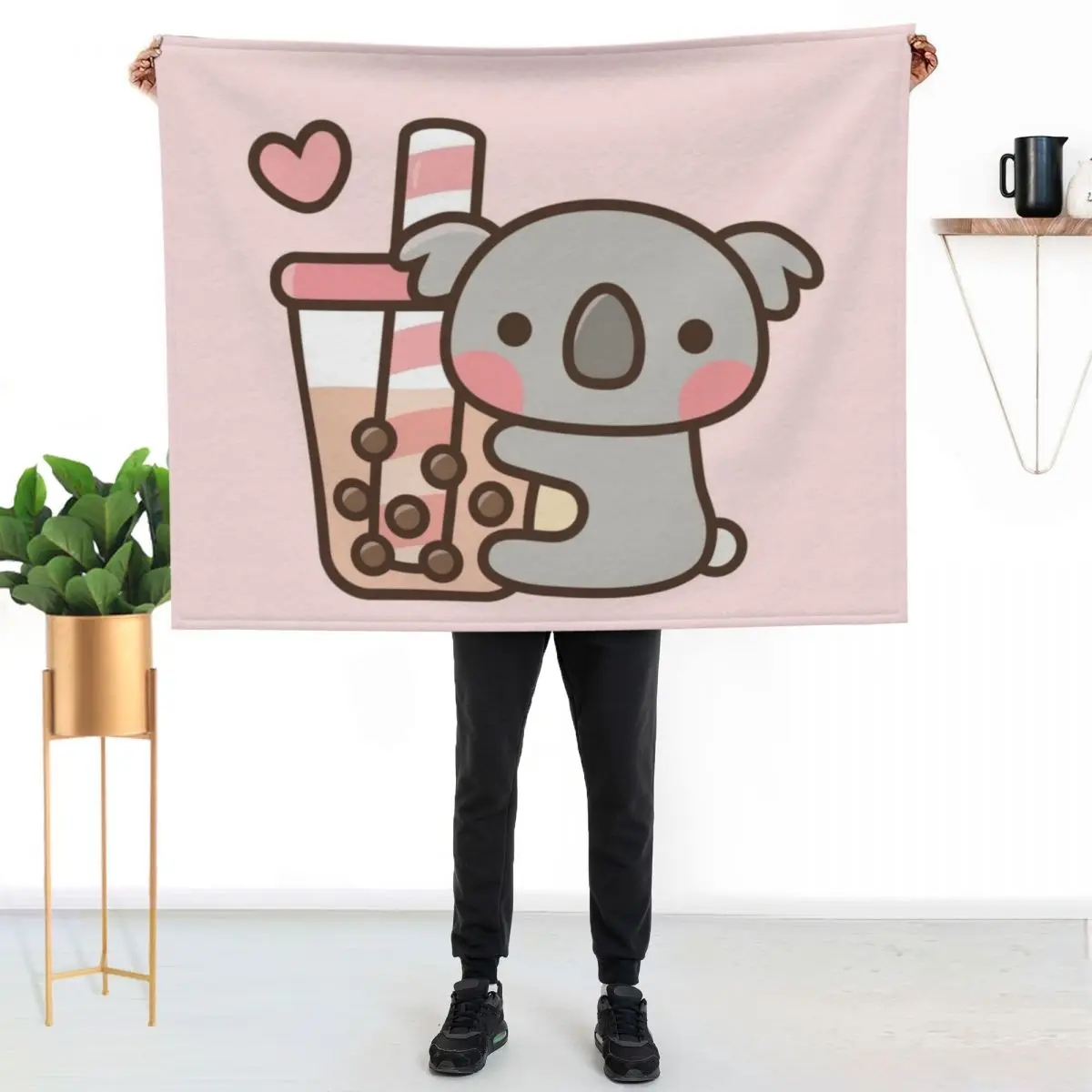

Cute Koala Bear And Bubble Tea Throw Blanket Compact Warm Blanket for Car Road Trip