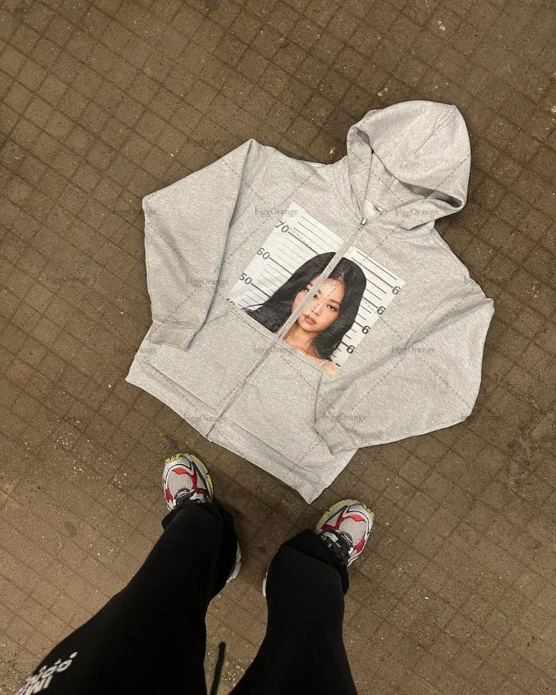 Harajuku Retro Girl Group Portrait Print Zipper Hoodie Y2K Streetwear Women Hip-hop Trendy Brand Casual Oversized Sweatshirt Men