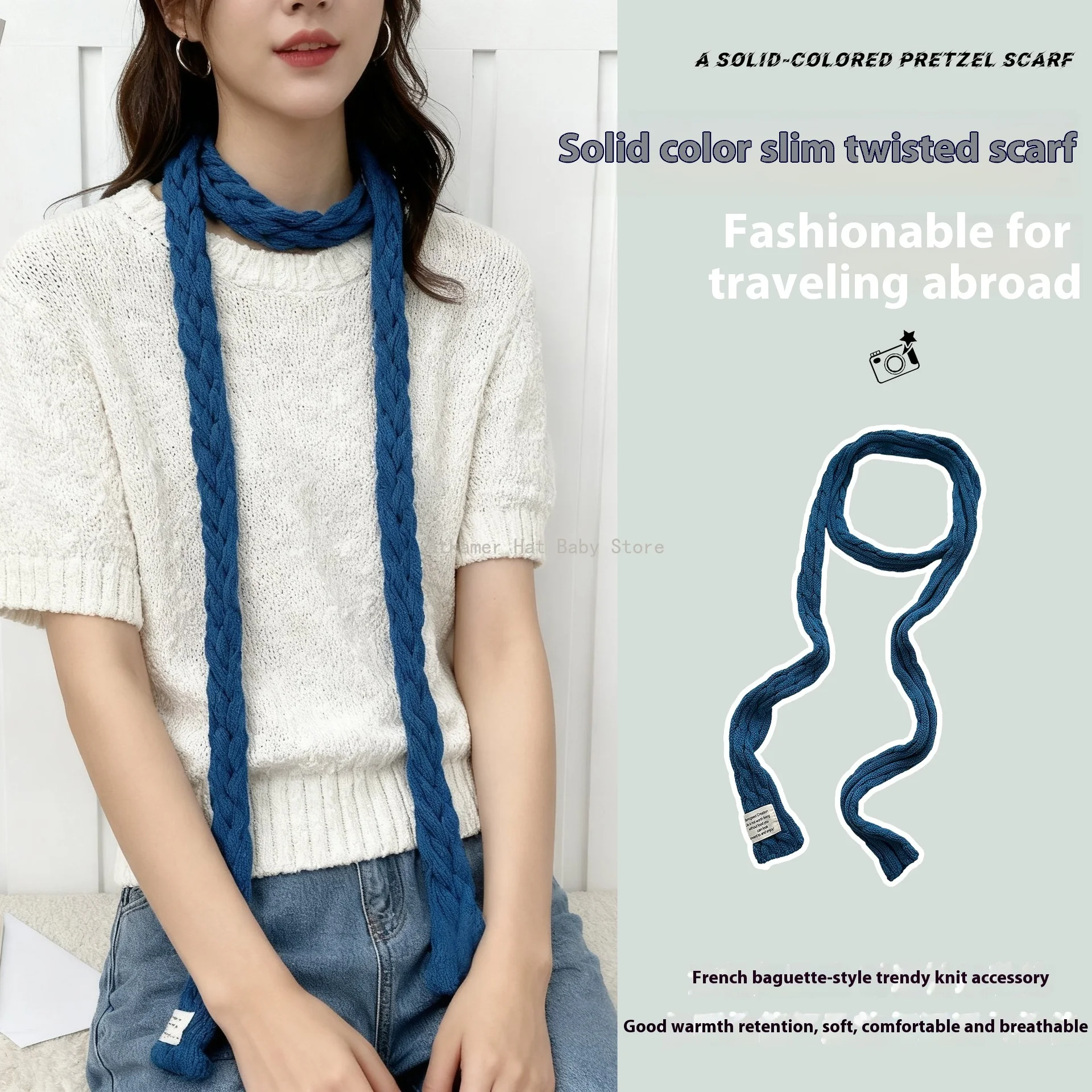 

Повседневные однотонные длинные узкие шарфы с допамином, вязаный шарф с лентой в корейском стиле Y2K, сохраняющий тепло, милый шарф