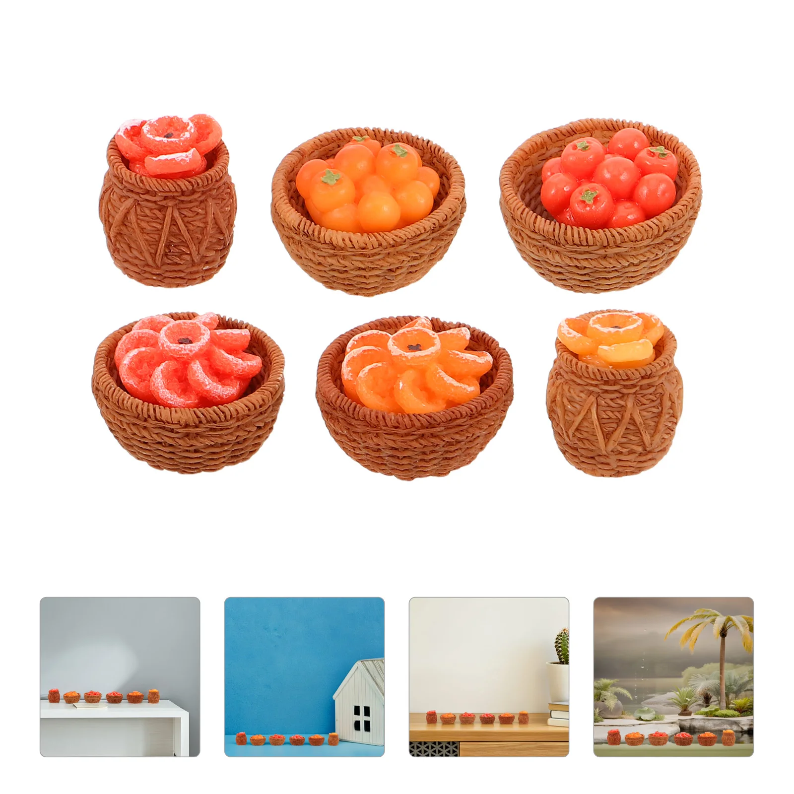 

6pcs Mini Persimmon Dried Fruit Basket Simulation Food Accessories Micro Landscape Miniatures Play Kitchen Props Home Office