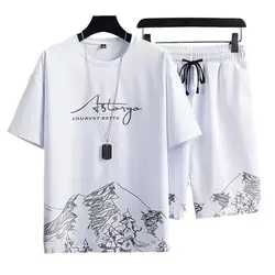 2Pcs/Set Casual Outfit Fashion Thin Sportswear Suit Mountain Print Loose T-shirt Loose Shorts Sport Suit Streetwear