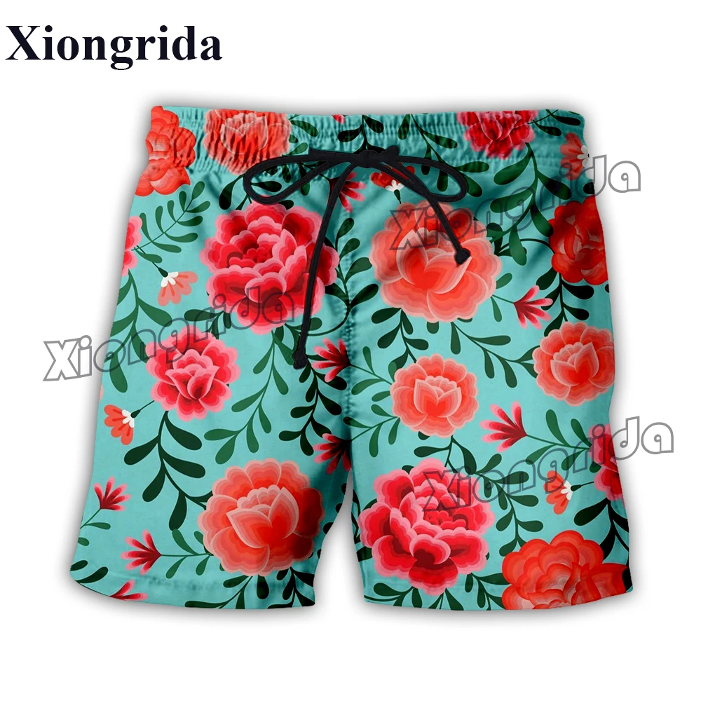 Mens Flower Rose Print Board Shorts 3D High Waist Elastic Waist Casual Shorts Summer Harajuku Swimming Trunk Beach Shorts