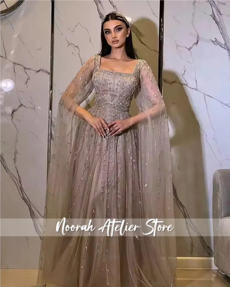 Nuovi abiti da sera da donna di alta qualità di lusso con maniche lunghe in rilievo con colletto quadrato 2025 Elegante abito da festa di nozze personalizzato