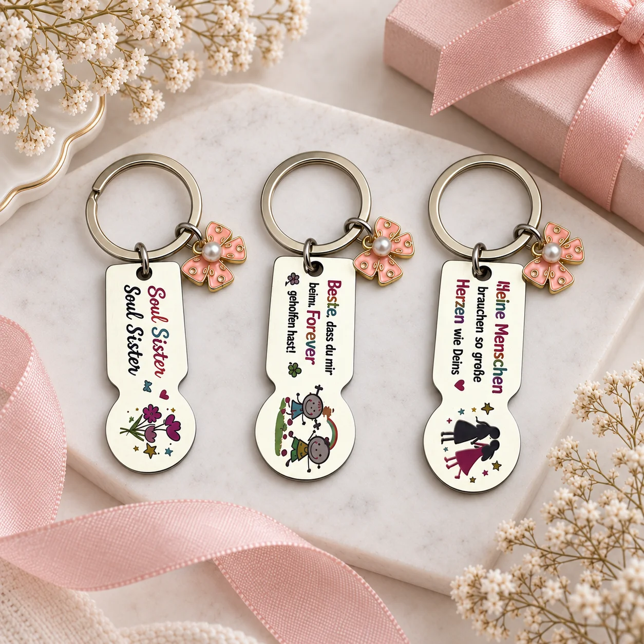 Soul Sister Stainless Steel Keychain With Pink Pearl Flower Charm, German Friendship Quote Key Ring, Best Friend Gift Bag Charm