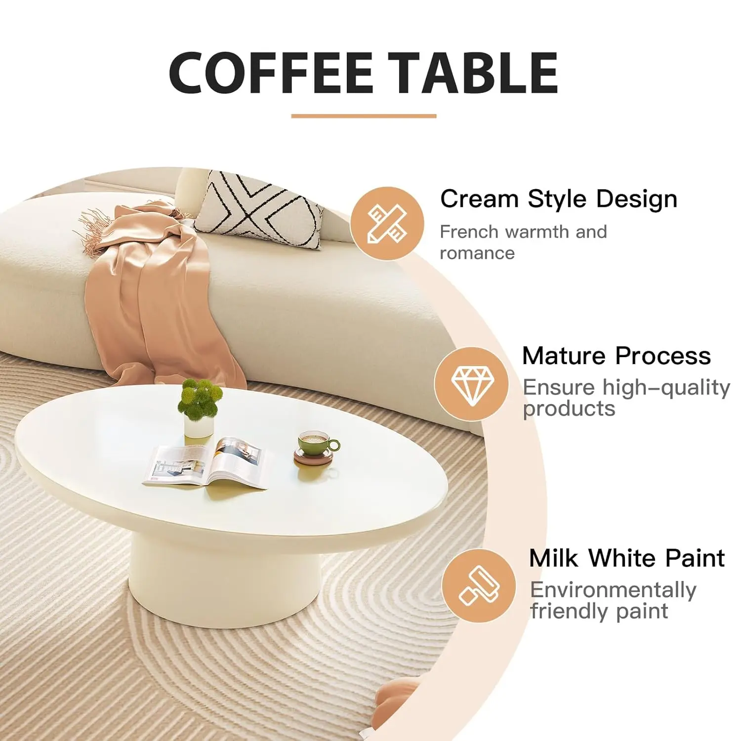 耐久性のあるベースを備えた楕円形のコーヒーテーブル、モダンなクリームホワイトのセンターテーブル、小さなスペース、寝室、リビングに適したキュートでスタイリッシュなコーヒーテーブル