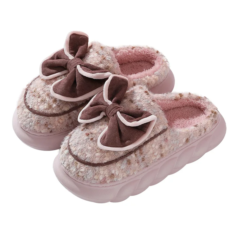2022 New Winter Cotton Slippers Women Warm Platform Shoes Cute Bow Thick Sole Soft Plush Girls Indoor Home Floor Slides