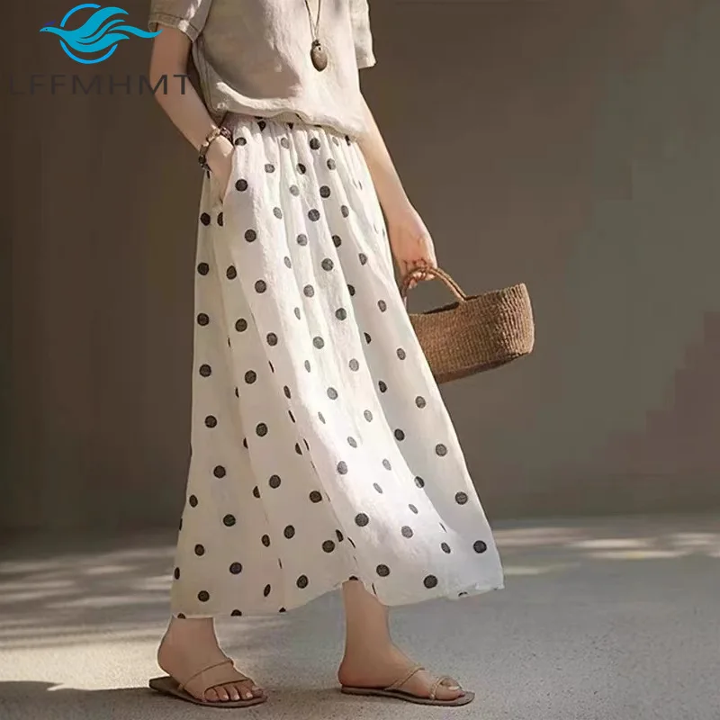 Women’s Summer Fashion Dot Print Vintage Skirt Elastic Waist Japan Harajuku Dual Layer Good Quality Linen Classical Retro Dress