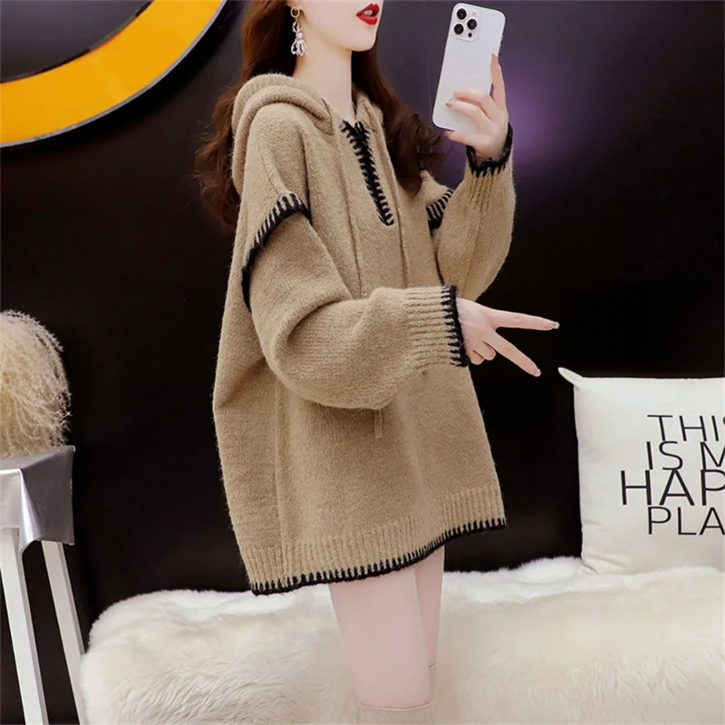 

Slouchy Red Lifeyear Pullover Hooded Sweater Women 2023 Autumn and Winter Western-style Age Reducing Loose Sweater Female Top