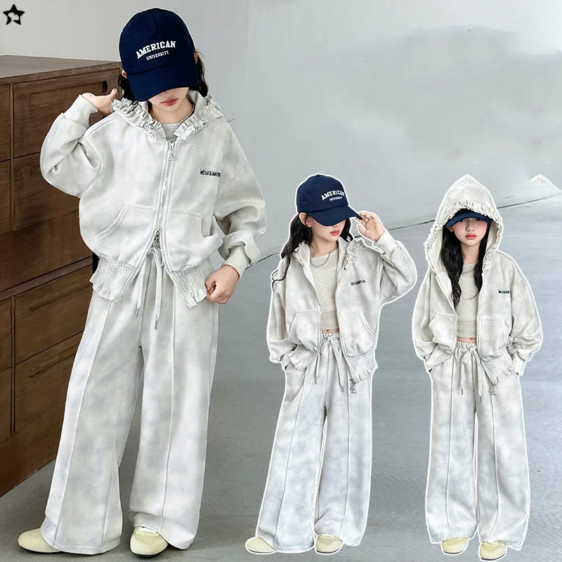 

School Girls 2pcs Suit Letter Printed Hooded Coat+Drawstring Straight-leg Pant Children Girls Outfit 4-14Y Girls Casual Sets