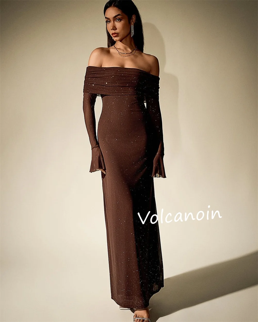 Customized Sequined Pleat A-line Off-the-shoulder Midi Dresses Bespoke Occasion Evening Party Elegant Simple Sparkle