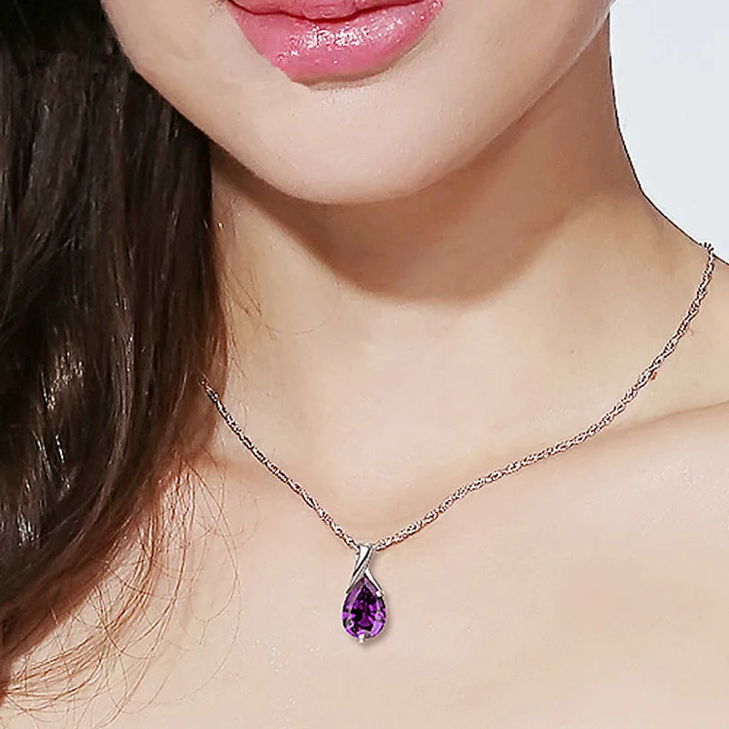 

S925 Sterling Silver Female Stone Pendant Chain Purple Crystal Sweet Necklace for Women Girl Fashion Fine Jewelry Chain 45cm