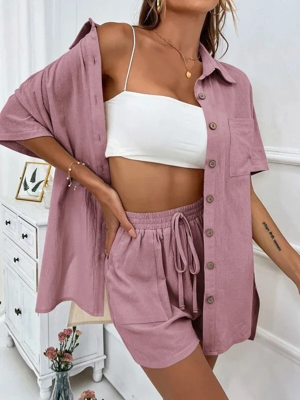 Ladies Casual Suit Summer Women\'s Fashion Casual Loose Single Breasted Shirt Short Sleeve Shorts Two Piece Set