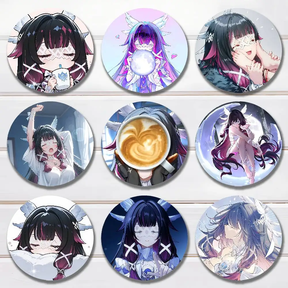 

G-Genshin Impact C-Columbina Heat Resistant Round Wooden Coasters Non-slip Drink Cafe Decoration 2D Flat Color Print Coasters