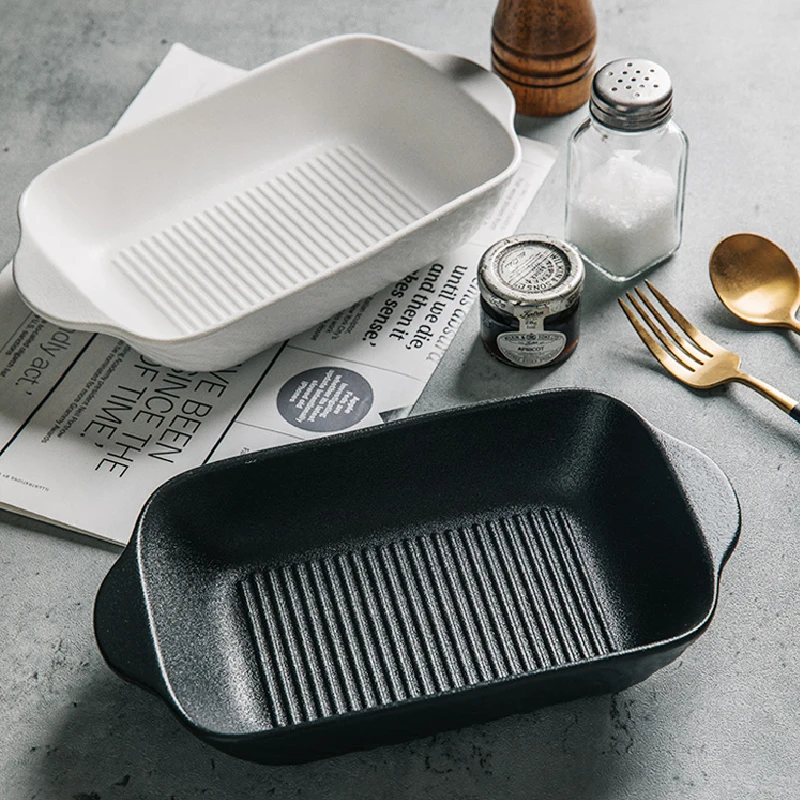 Frosted Ceramic Cheese Baked Rice Plate Rectangular Ear Baking Bowl Kitchen Baking Plate Microwave Oven Special Kitchen Supplies
