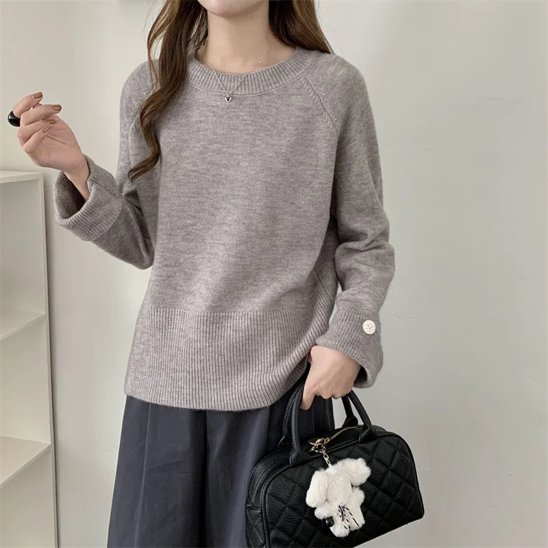 

Casual Simple Round Neck Knitted Pullover Women Fashion Long Sleeve Button Loose Sweater Autumn Winter Lady Street Knit Tops New