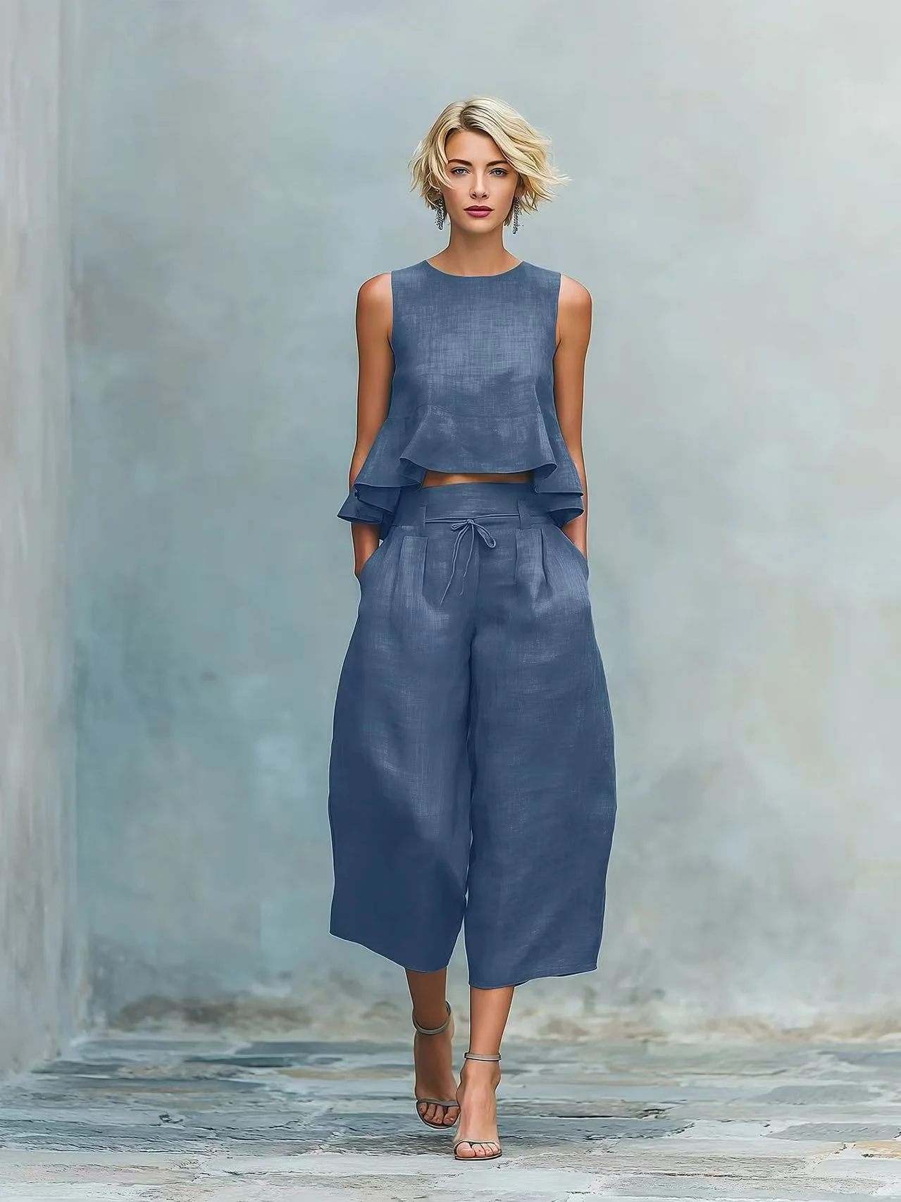Damen Casual Urlaubs-Zweiteiler: Ärmelloses Rüschen-Crop-Top und Weite Hose mit Kordelzug, Koordiniertes Set – Detail 7