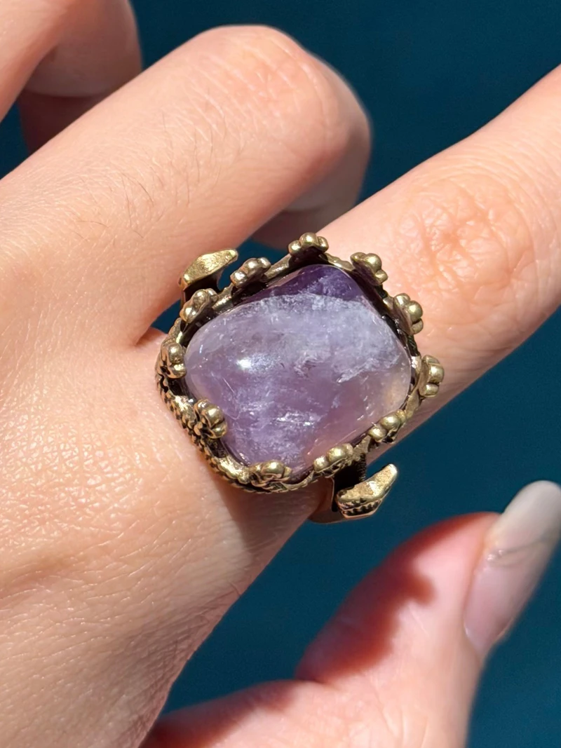 Retro Noble Purple Square Natural Stone Rings for Women Prong Setting Wedding Bands Vintage Antique Jewelry Party Copper 2024