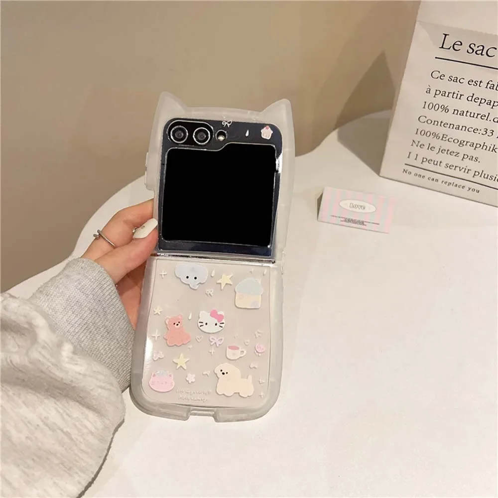 Kawaii Sanrios Hello Kitty My Melody 3D Cat Ear with Lanyard Phone Case for Samsung Galaxy Z Flip 3 4 5 6 5G PC Hard Back Cover image 4