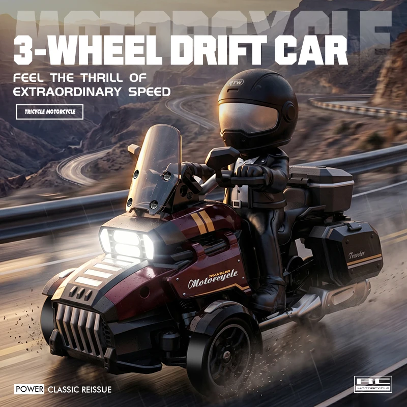 1:43 RC Drift Three-Wheeled Motorcycle 15KM/H High Speed 4WD Retro Car With Controllable LED Headlight Kids Toy For Boys Girls
