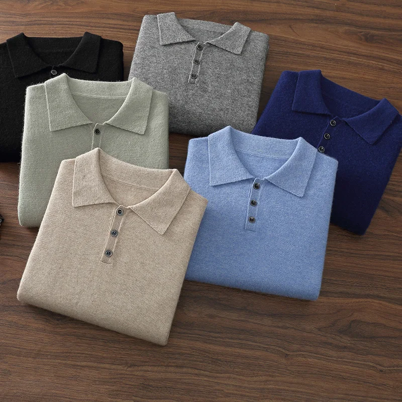 

Мужской свитер-поло из 100% кашемира с воротником-поло на пуговицах, осенне-зимний деловой однотонный мужской костюм с длинными рукавами