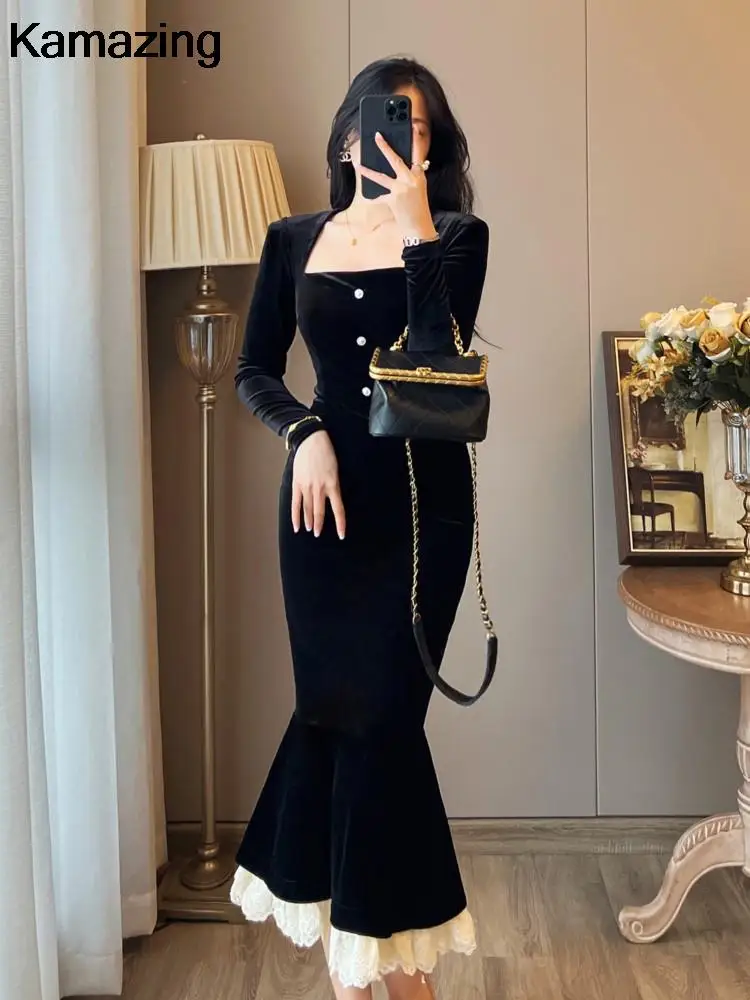 French Bodycon Velvet Mermaid Party Dresses for Women Elegant Lace Patchwork Evening Prom Vestidos Female Autumn Winter Clothes