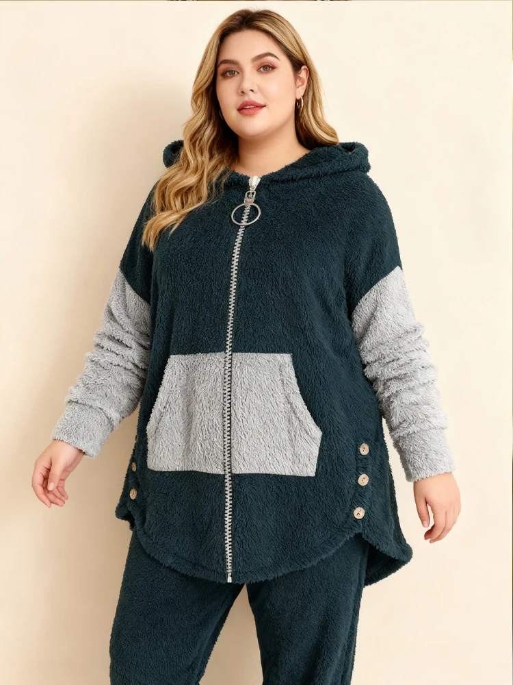 Conjunto de suéter cálido y contrastante de talla grande a la venta, cárdigan con capucha y cremallera, pantalones largos con cordón y puños elásticos