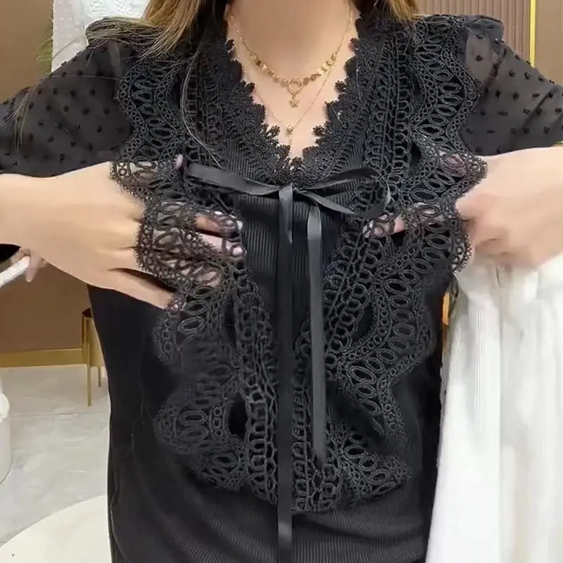 Elegante V-Hals Kanten Gesplitste Blouse Mode Trekkoord Strik Vrouwelijke Kleding Effen Kleur Herfst Woon-Werkverkeer Shirt Met Lange Mouwen