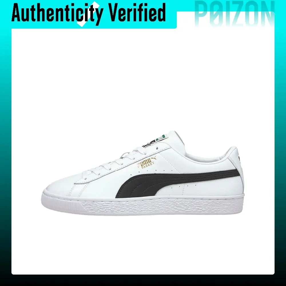 puma-basket-classic-21-synthetic-leather-wear-resistant-and-lightweight-low-top-skateboard-shoes-unisex-white-black-374923-02