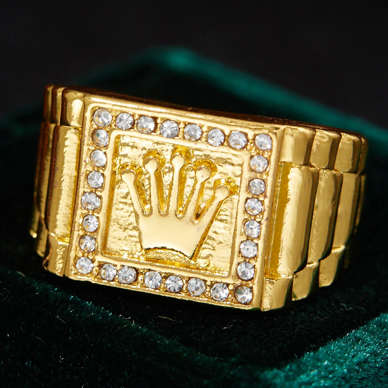 Europe and The United States Retro Inlaid Shiny Zircon Drip Oil Crown Pattern Gold Colour Ring Men's Luxury Glamour Accessories image 3