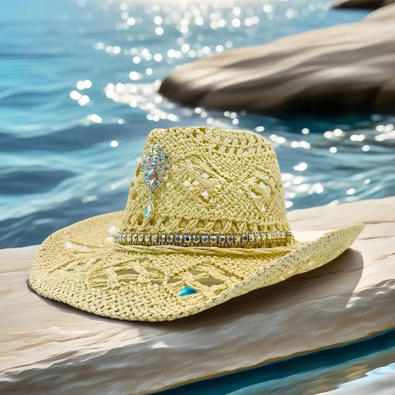 HongLuan Beach Yellow Cowboy Straw Hat Man for Cowboy Hat Party ,Cowboy Accessories & Cowgirl Hats for Ladies Adults Woman