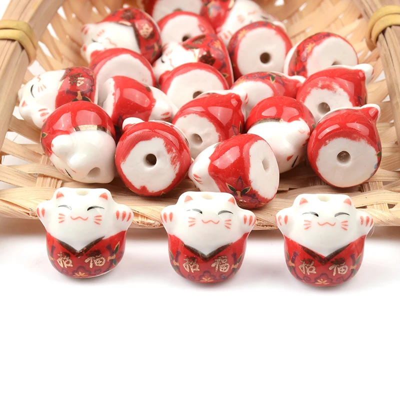 Red Big V-neck Cat Shaped Lucky Cat Animal Ceramic Beads Loose Porcelain Handmade DIY Beads For Bracelet Jewelry Making