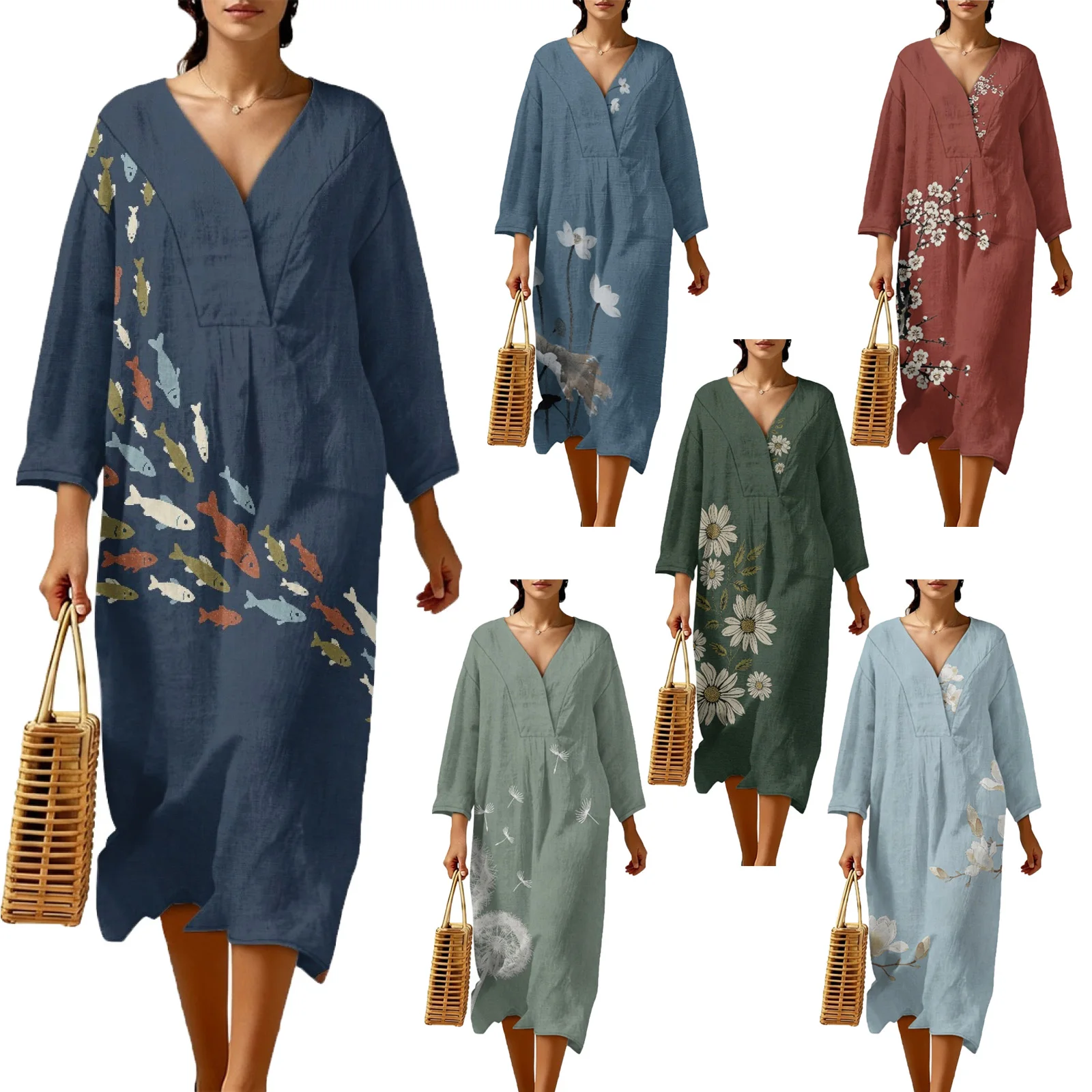 

INSTANTARTS Women'S Linen Loose Dress V-Neck Three-Quarter Sleeves Summer Lightweight & Breathable Gifts for Mother Lover