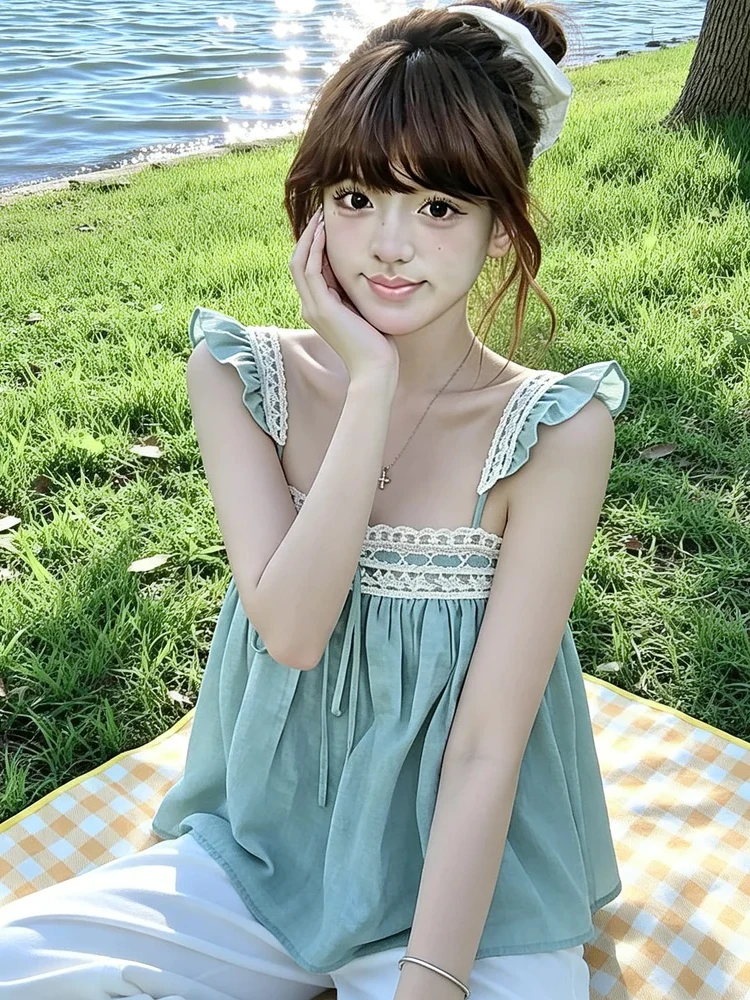 

Blue Lace Splice Color Block Summer New Style Pure Desire Gentle Wind Small Fly Sleeve Strap Top Slimming Sleeveless Shirt
