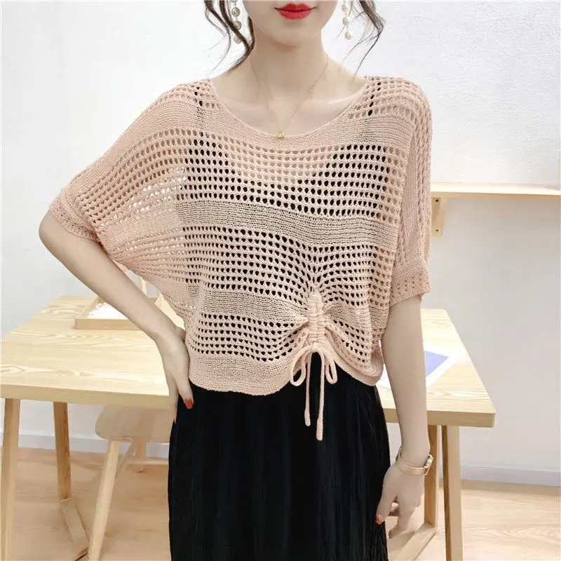 Hollow Out Blouse with 2024 New Batwing Sleeve Drawstring Top for Women