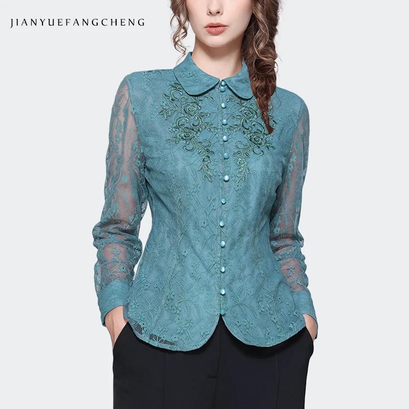 Fashion Embroidered Light Blue Lace Tops Women Autumn New Long Sleeve Outwear Elegant Hollow Out Blouses Peter Pan Collar Shirt